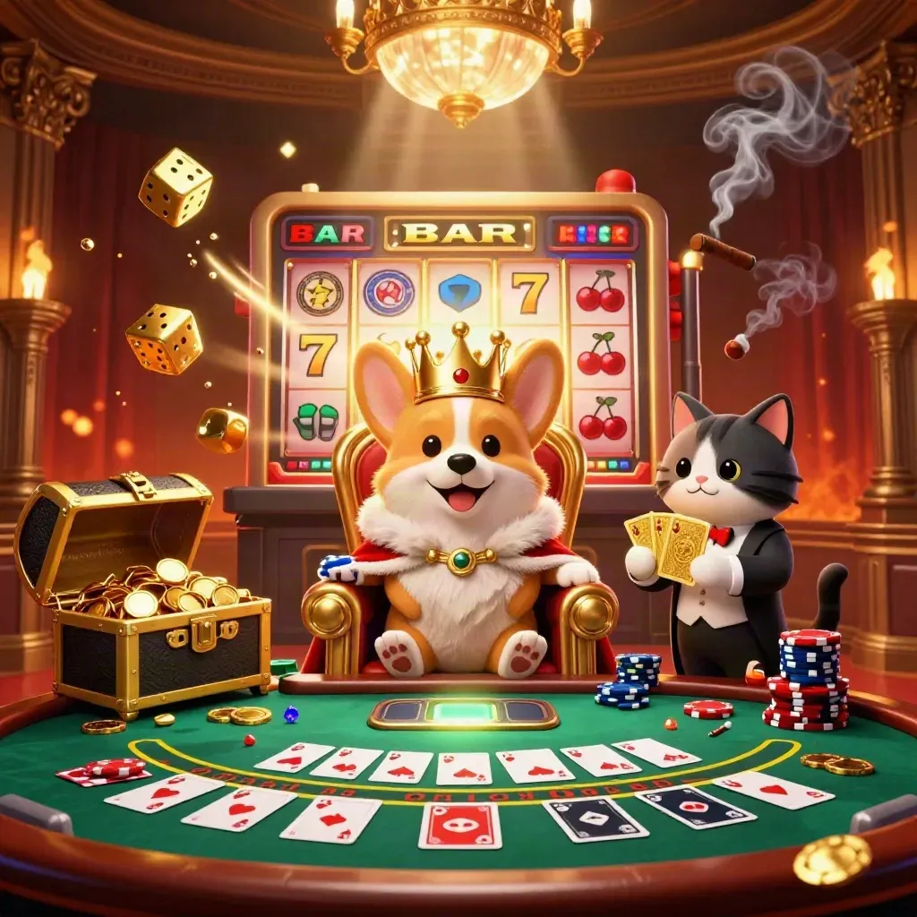 Corgi reale e gatto maggiordomo in un casinò neon con slot, dadi, ruota e tavolo carte.