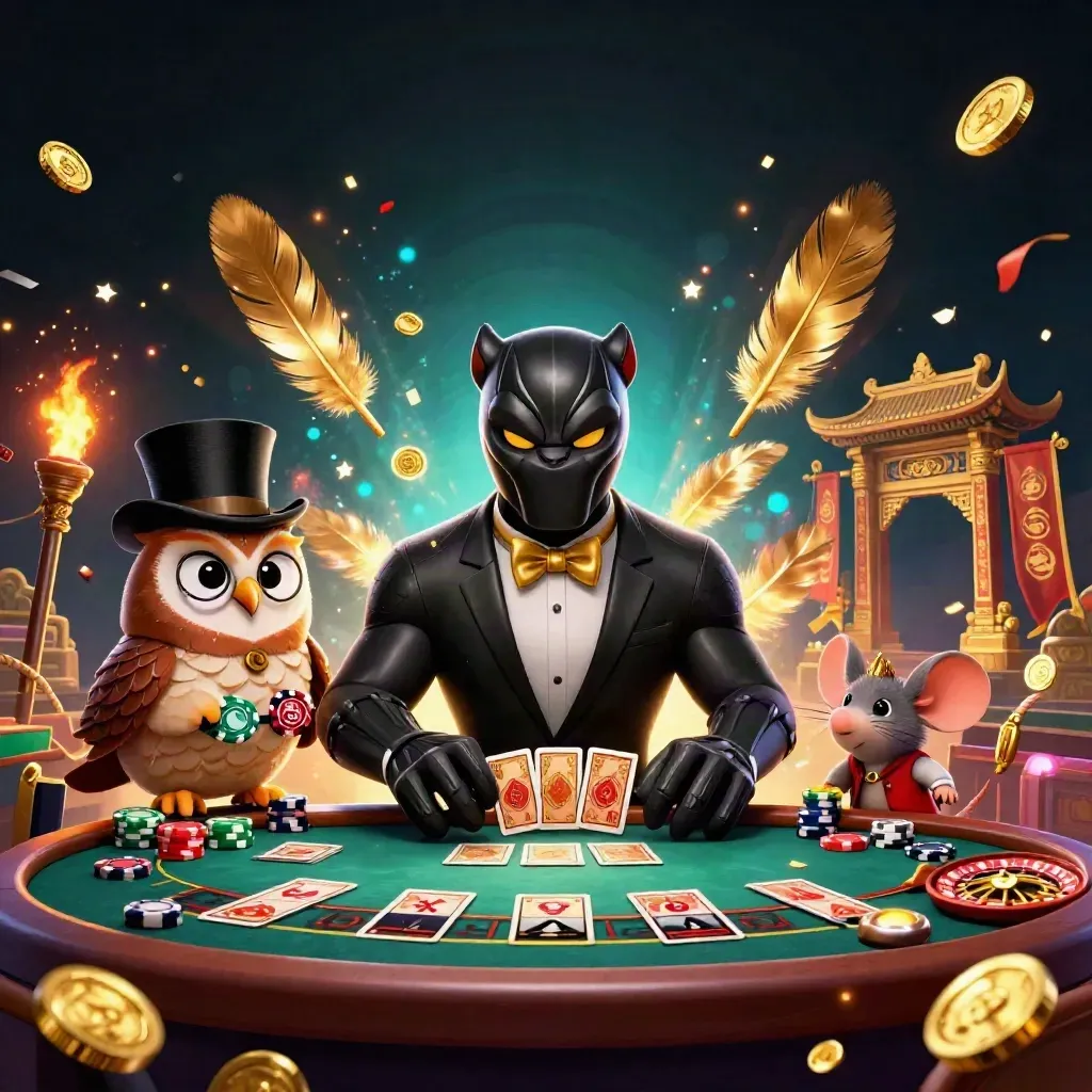 Pantera, gufo e topo in un casinò fantasy tra oro, luci e magia neon