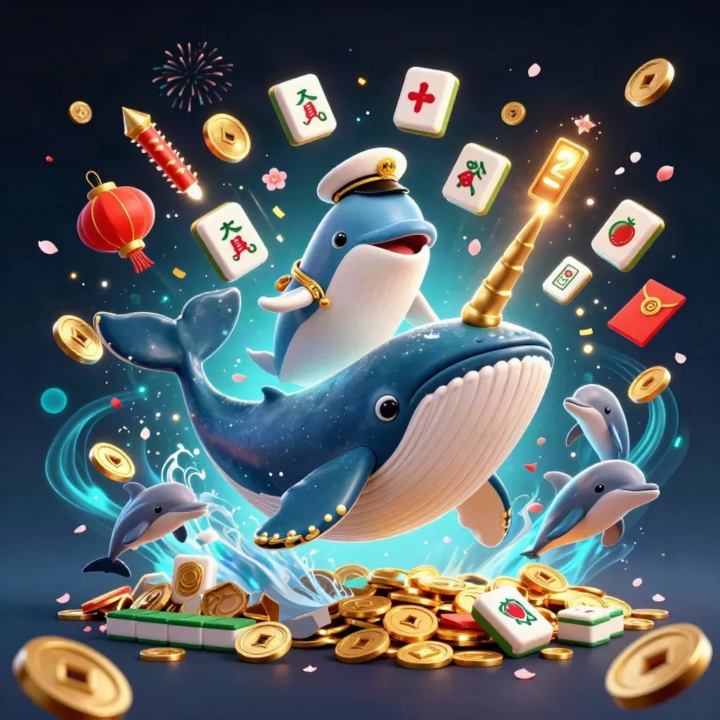 Balena capitano, narvalo e delfini tra monete, lanterne e scintille in stile casino neon.