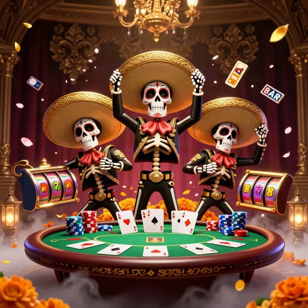 Trio mariachi scheletrici festivi tra chip, carte, slot e bagliori dorati su sfondo damascato scuro