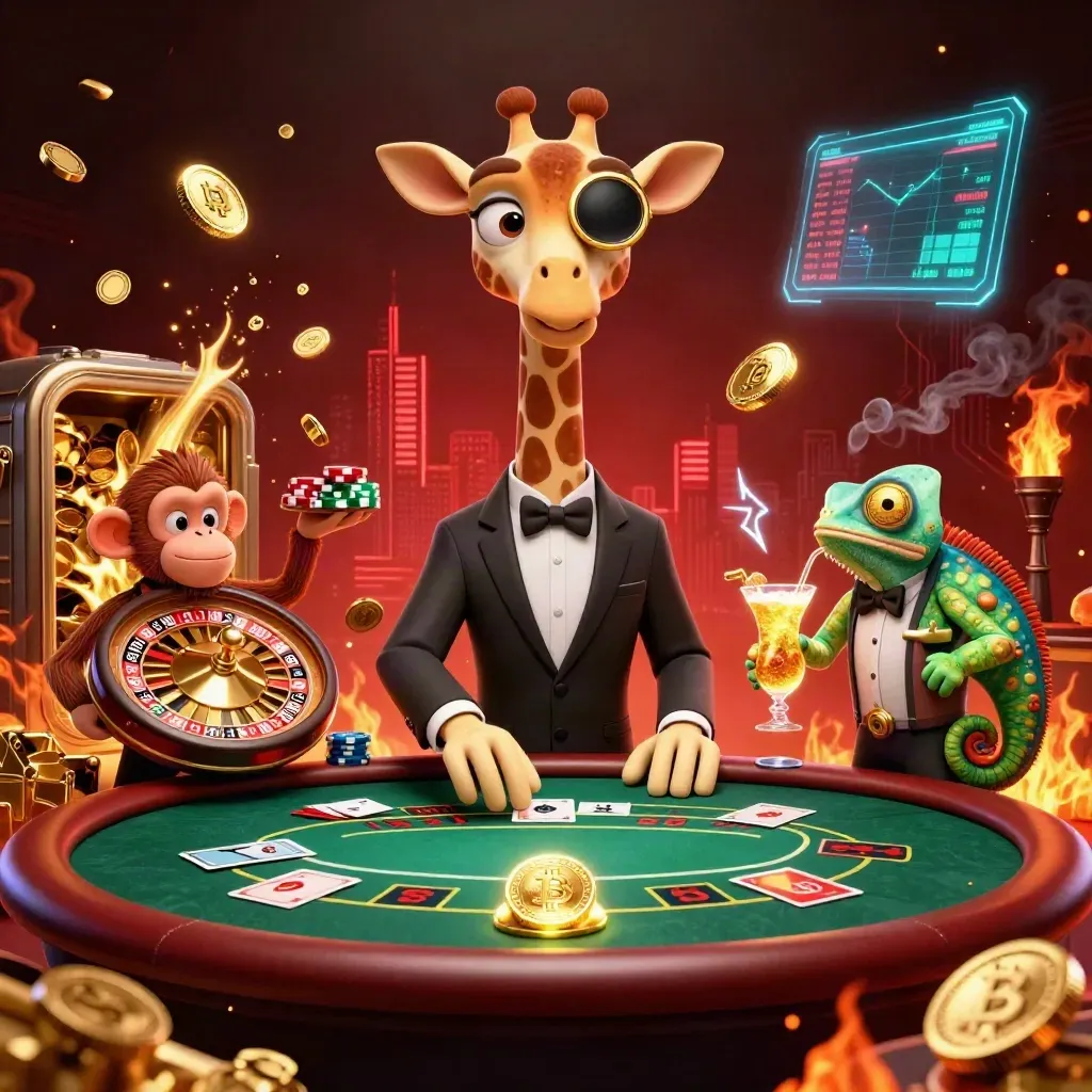 Giraffa, scimmia e camaleonte al tavolo VIP tra monete, fulmini e luci neoni.